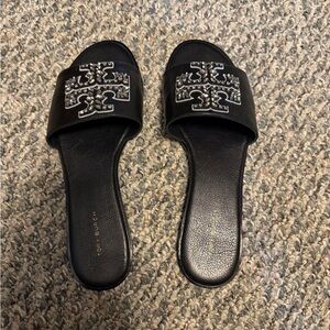 Tory Burch Black Leather Slide Sandals with Crystal Logo